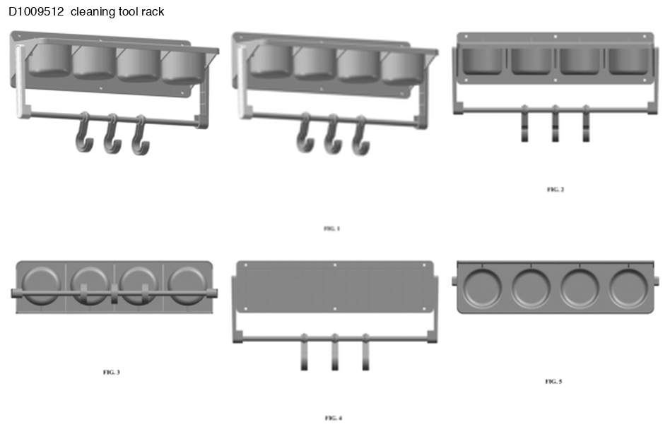 A cleaning tool rack shown across six viewpoints: two isometric views, a top plan, a section, a rear elevation, and a bottom plan.